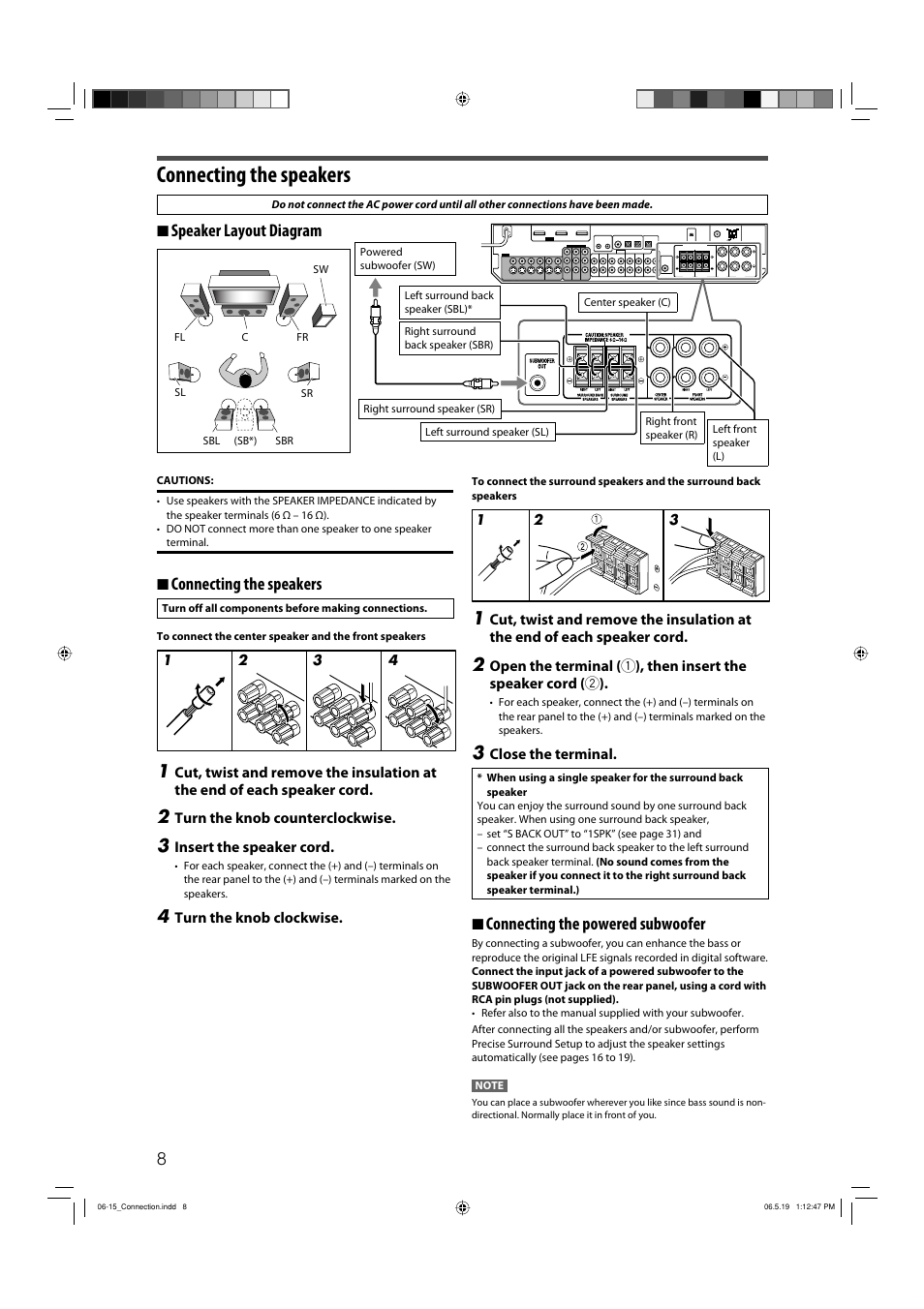 Connecting the speakers, 7 connecting the speakers, 7 speaker layout diagram | 7 connecting the powered subwoofer | JVC RX-D411S User Manual | Page 10 / 60