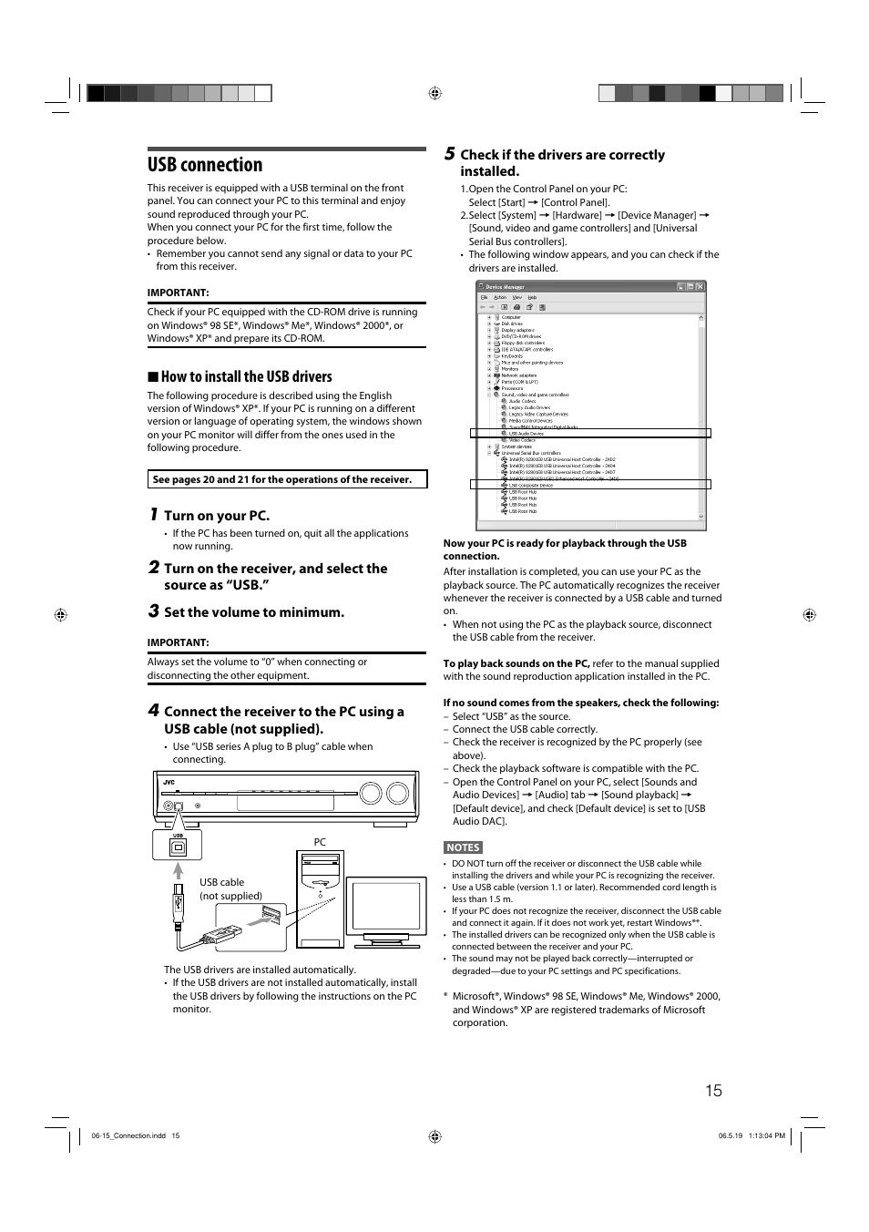 Usb connection, 7 how to install the usb drivers | JVC RX-D411S User Manual | Page 17 / 60