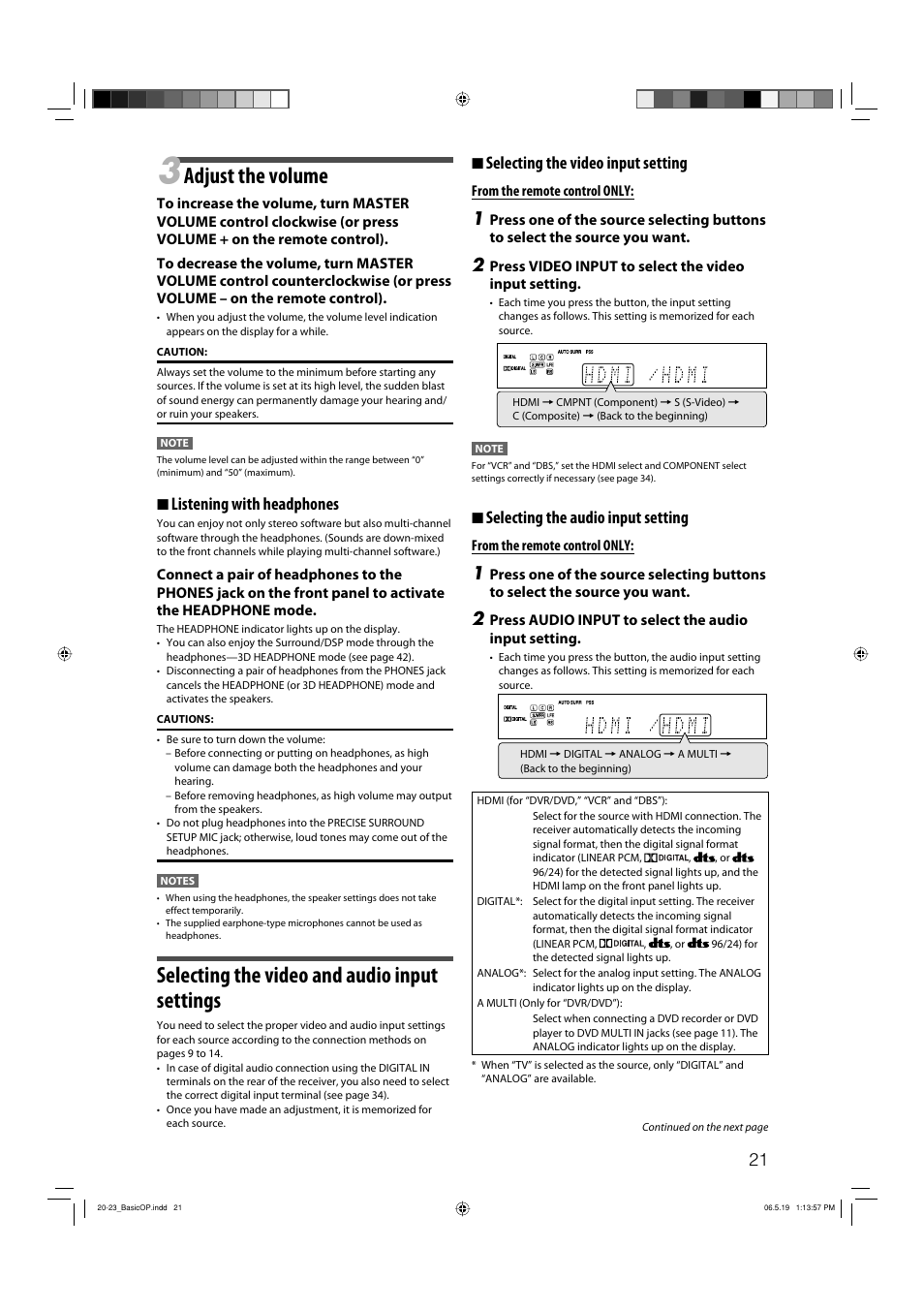 Adjust the volume, Selecting the video and audio input settings, 7 selecting the video input setting | 7 selecting the audio input setting, 7 listening with headphones | JVC RX-D411S User Manual | Page 23 / 60