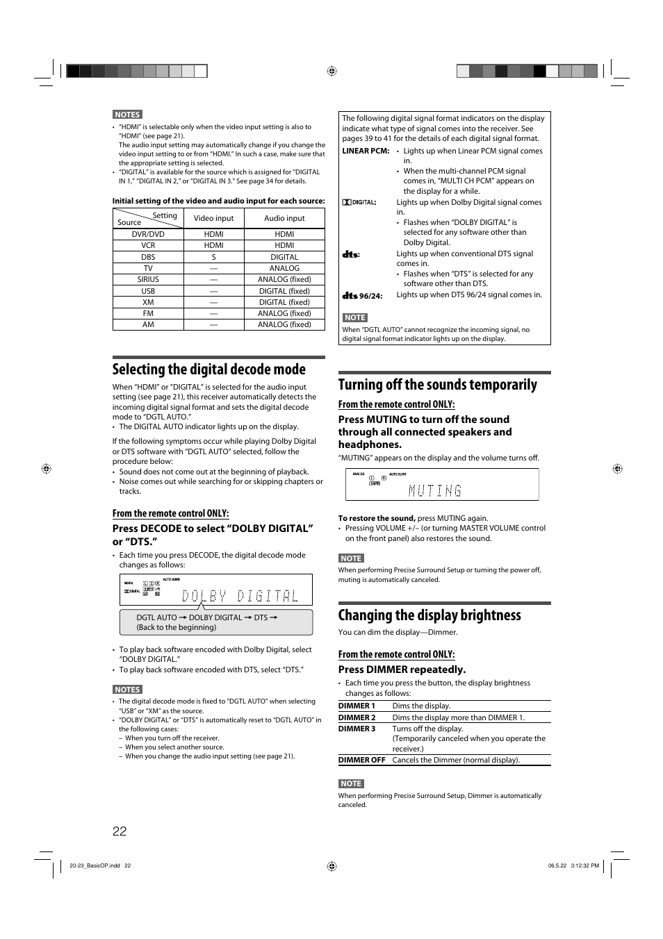 Selecting the digital decode mode, Turning off the sounds temporarily, Changing the display brightness | JVC RX-D411S User Manual | Page 24 / 60