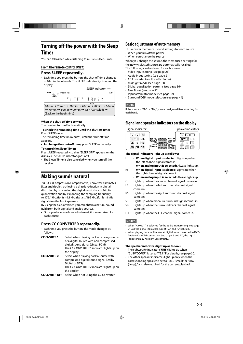 Turning off the power with the sleep timer, Making sounds natural, Signal and speaker indicators on the display | Press cc converter repeatedly | JVC RX-D411S User Manual | Page 25 / 60