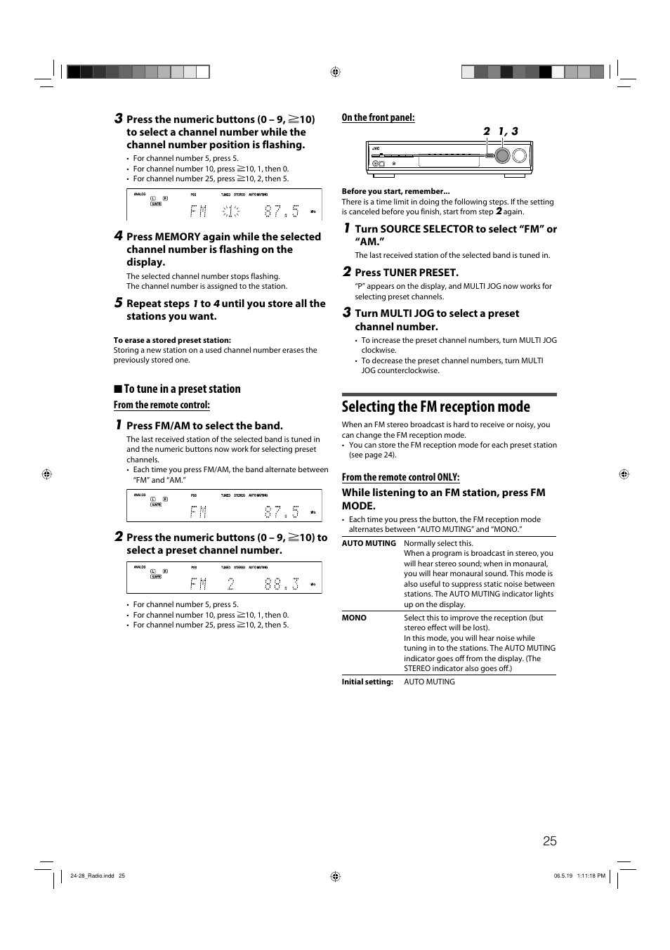 Selecting the fm reception mode, 7 to tune in a preset station | JVC RX-D411S User Manual | Page 27 / 60