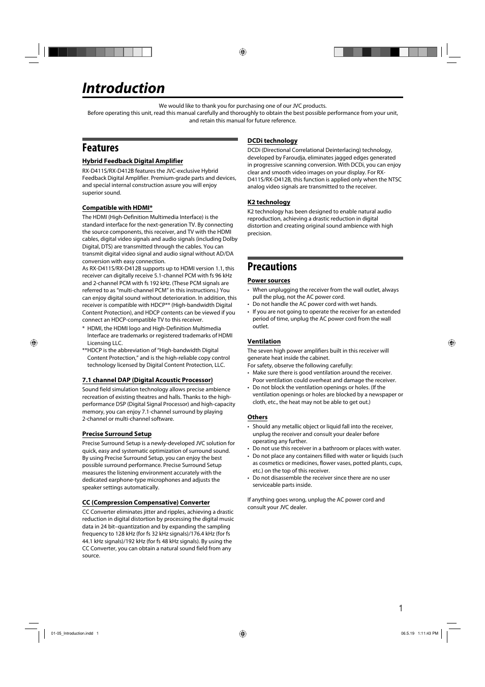 Introduction, Features, Precautions | JVC RX-D411S User Manual | Page 3 / 60