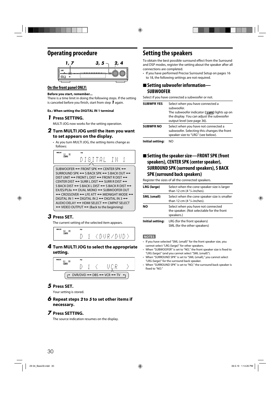 Operating procedure, Setting the speakers, 7 setting subwoofer information— subwoofer | JVC RX-D411S User Manual | Page 32 / 60