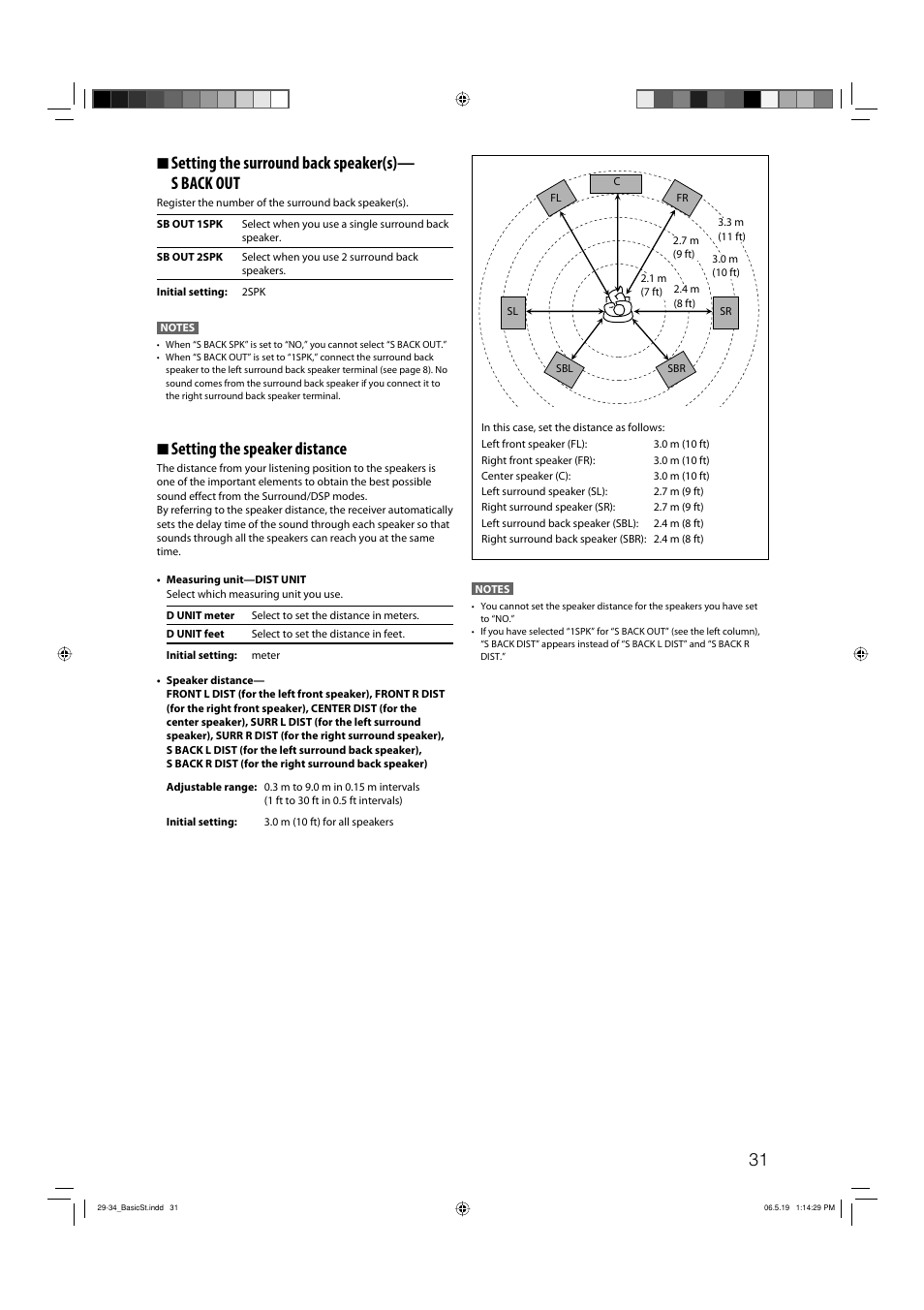 7 setting the surround back speaker(s)— s back out, 7 setting the speaker distance | JVC RX-D411S User Manual | Page 33 / 60