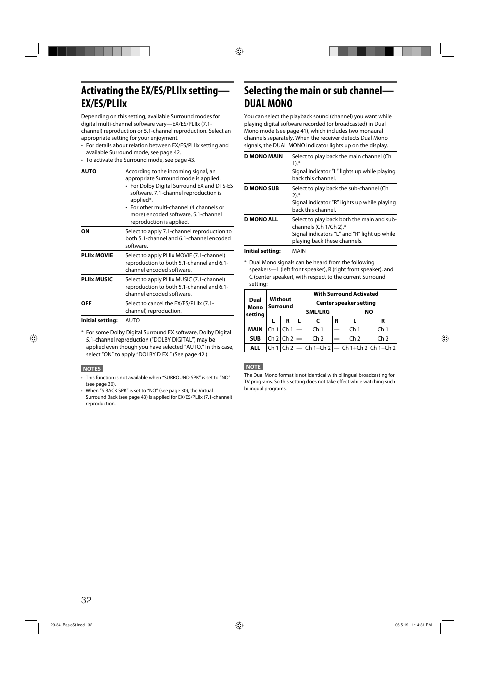 Activating the ex/es/pliix setting— ex/es/pliix, Selecting the main or sub channel— dual mono | JVC RX-D411S User Manual | Page 34 / 60