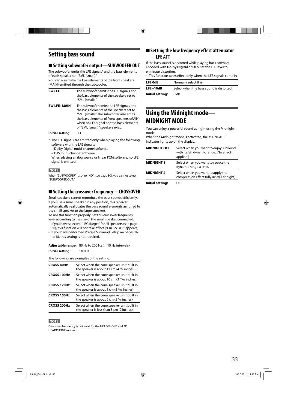 Setting bass sound, Using the midnight mode— midnight mode, 7 setting subwoofer output—subwoofer out | 7 setting the crossover frequency—crossover | JVC RX-D411S User Manual | Page 35 / 60