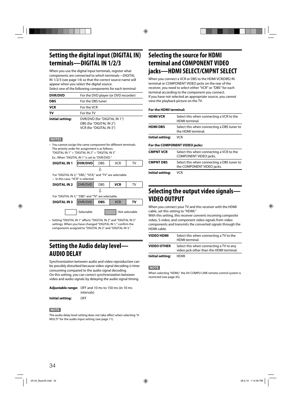 Setting the audio delay level— audio delay, Selecting the output video signals— video output | JVC RX-D411S User Manual | Page 36 / 60