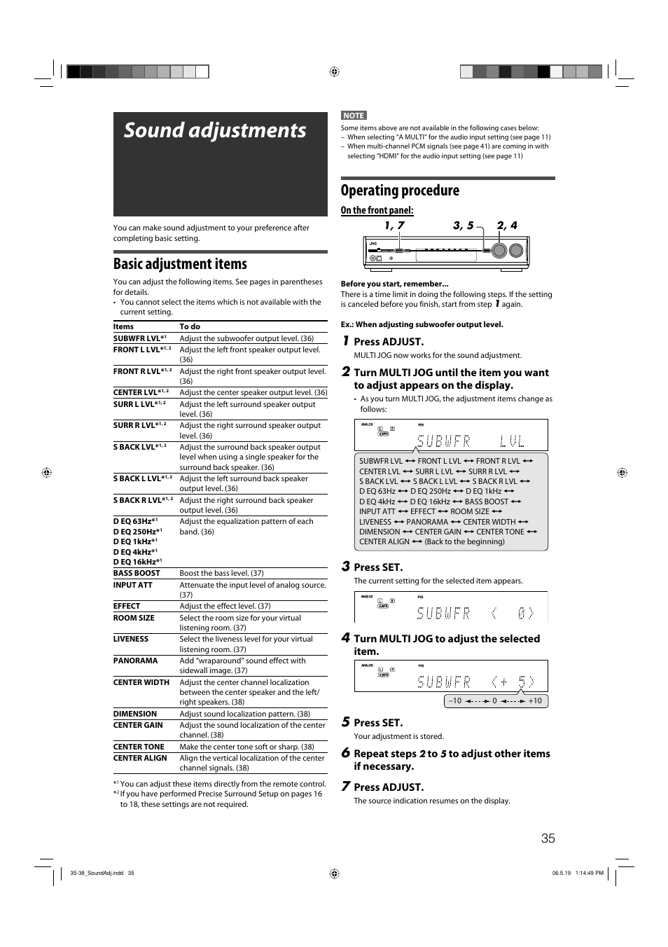 Sound adjustments, Operating procedure, Basic adjustment items | On the front panel, Press adjust, Press set, Turn multi jog to adjust the selected item, Repeat steps | JVC RX-D411S User Manual | Page 37 / 60