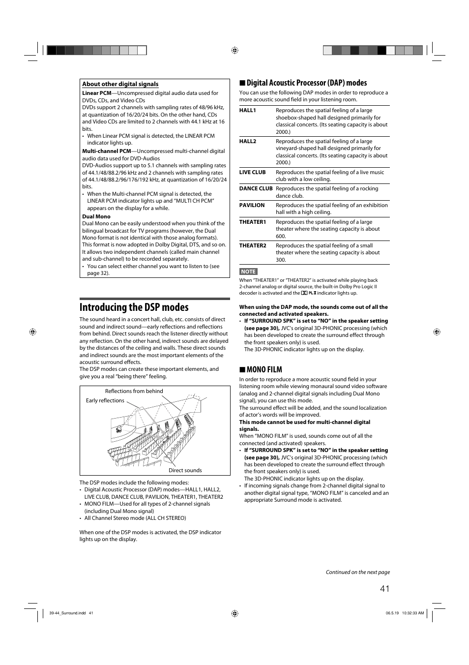 Introducing the dsp modes, 7 digital acoustic processor (dap) modes, 7 mono film | JVC RX-D411S User Manual | Page 43 / 60
