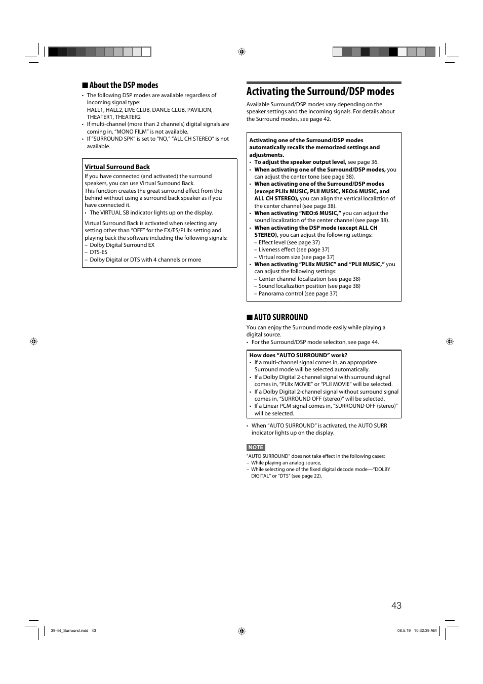 Activating the surround/dsp modes, 7 auto surround, 7 about the dsp modes | JVC RX-D411S User Manual | Page 45 / 60