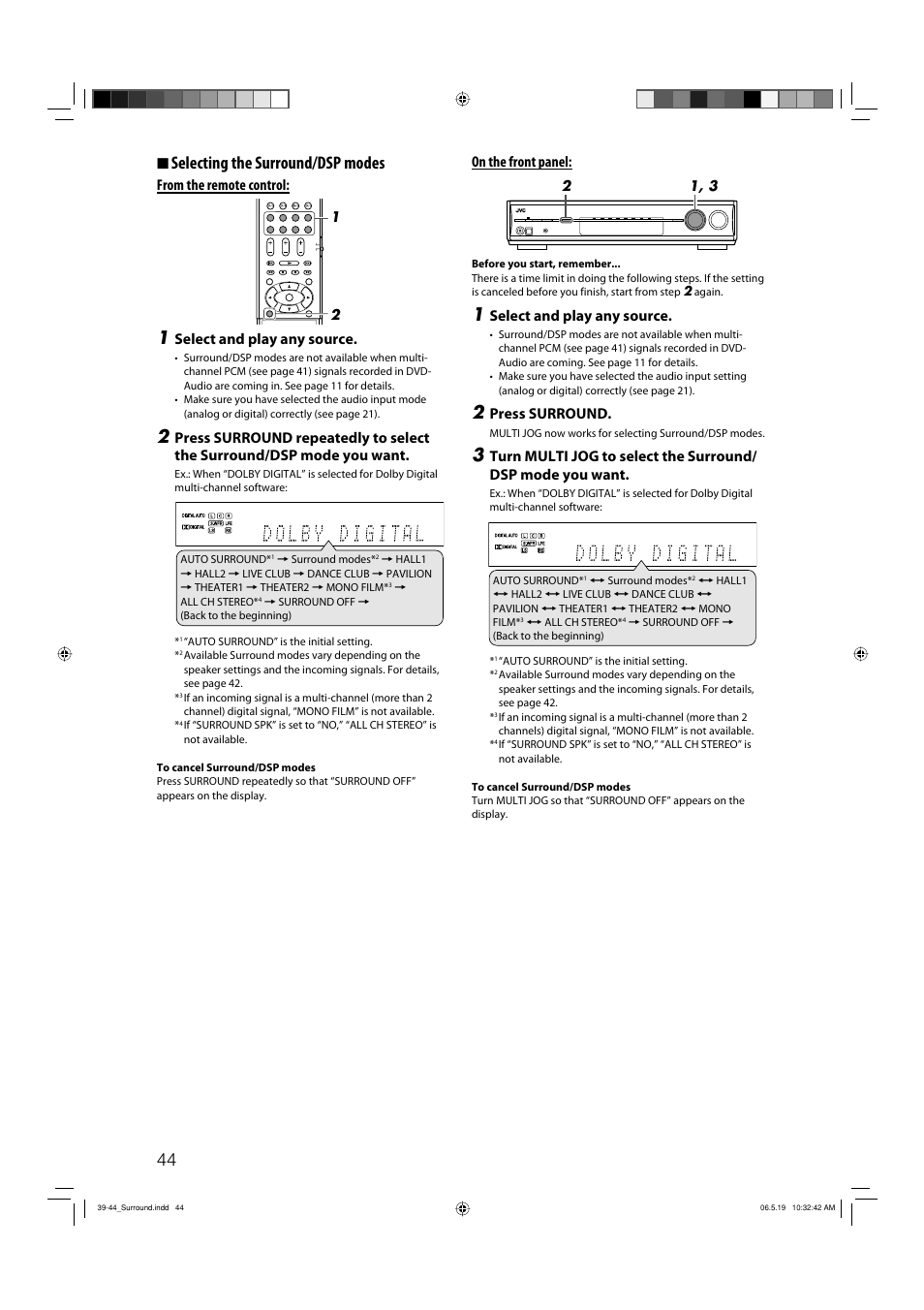 7 selecting the surround/dsp modes, Select and play any source, On the front panel | Press surround | JVC RX-D411S User Manual | Page 46 / 60