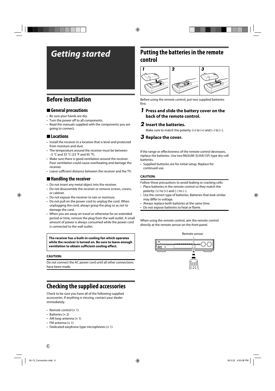 Getting started, Before installation, Checking the supplied accessories | Putting the batteries in the remote control, 7 general precautions, 7 locations, 7 handling the receiver | JVC RX-D411S User Manual | Page 8 / 60