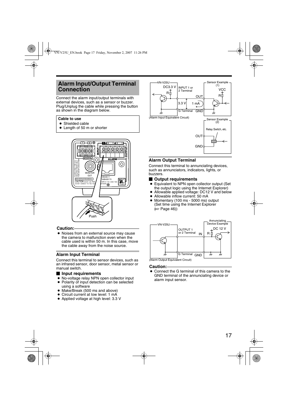 Alarm input/output terminal connection, Alarm input terminal, Alarm output terminal | Alarm input/output terminal, Connection, Caution, Input requirements, Output requirements | JVC VN-V25U User Manual | Page 17 / 92