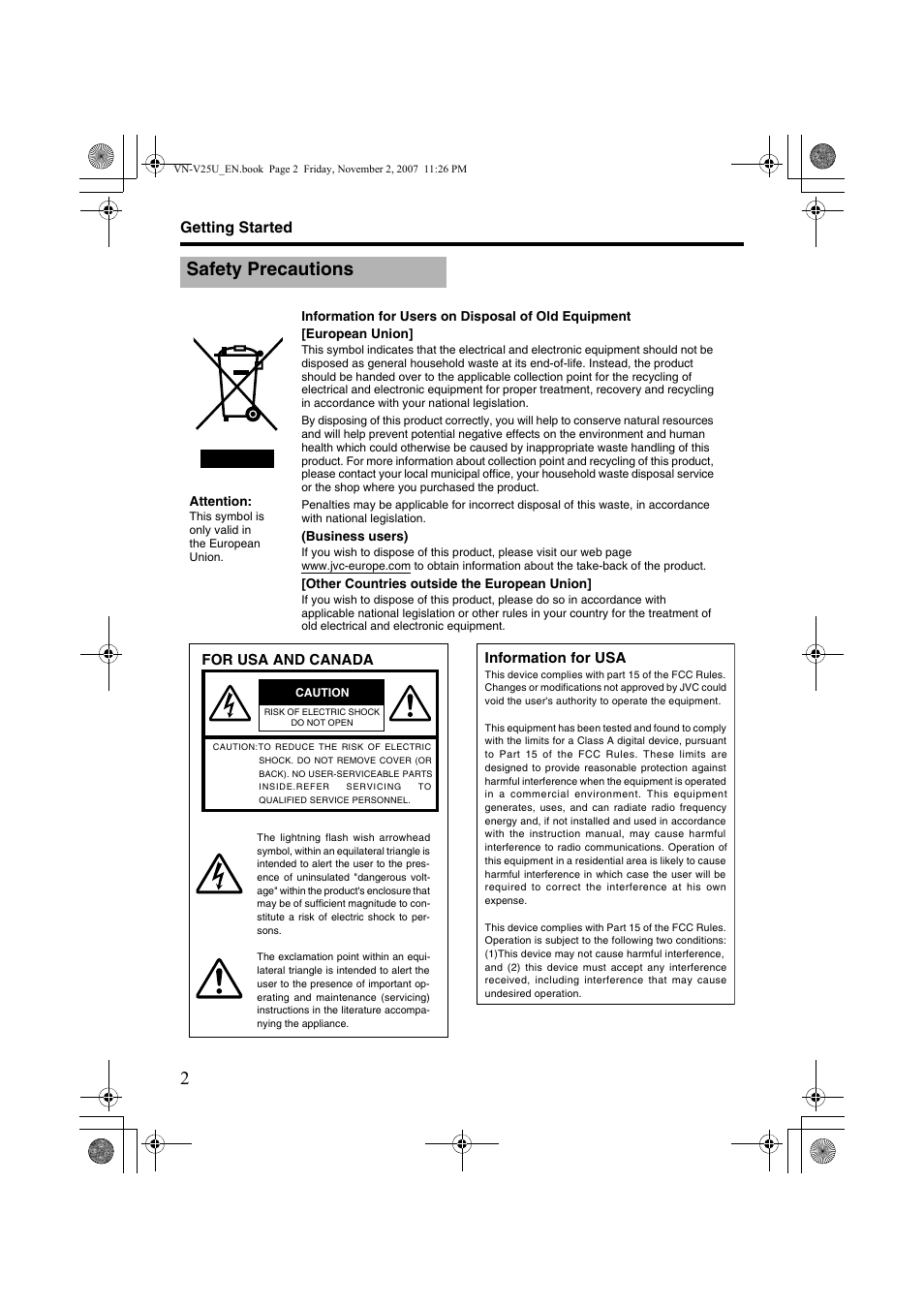 Getting started, Safety precautions | JVC VN-V25U User Manual | Page 2 / 92