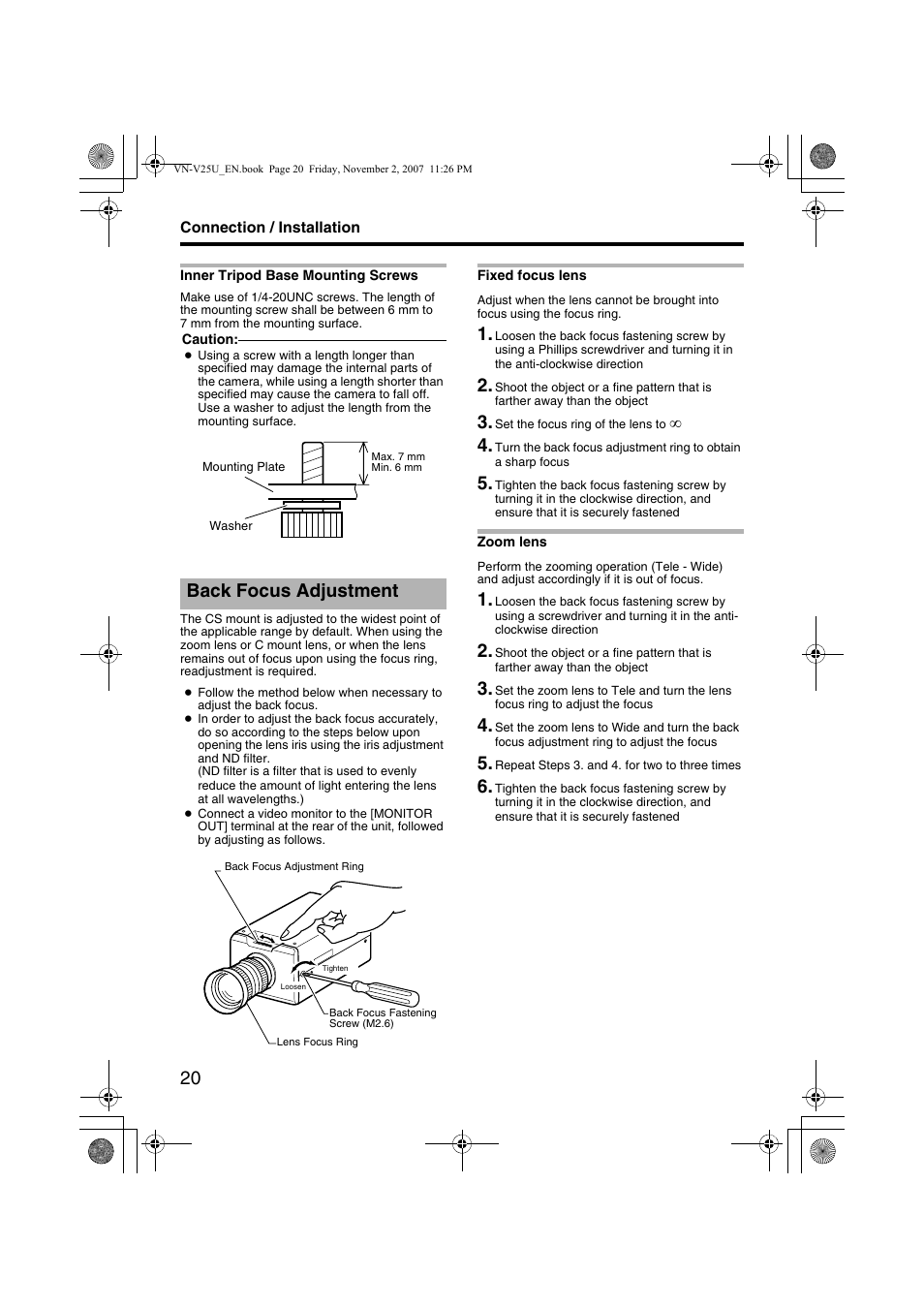 Back focus adjustment | JVC VN-V25U User Manual | Page 20 / 92