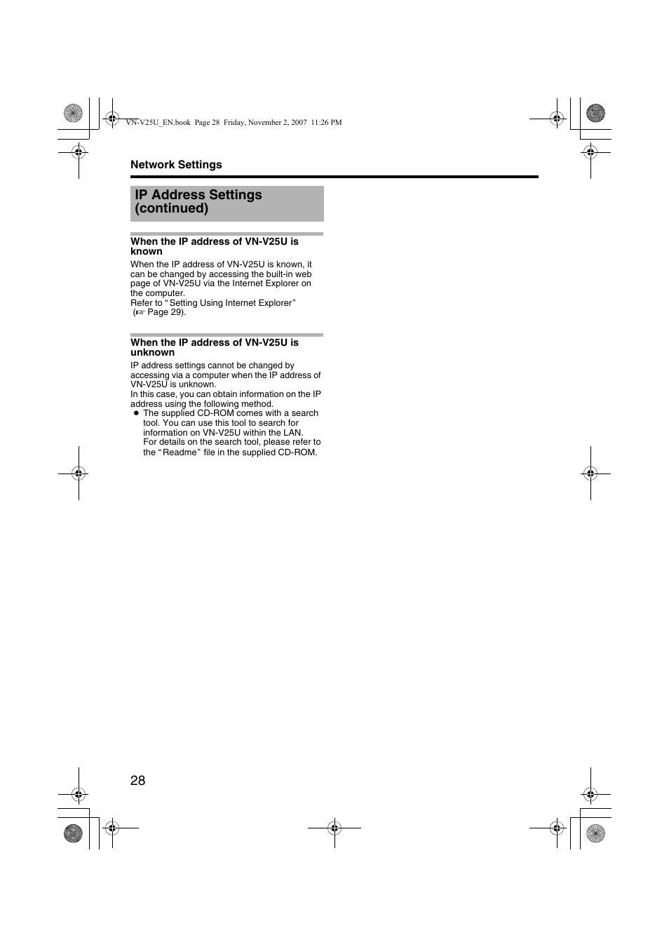 When the ip address of vn-v25u is known, When the ip address of vn-v25u is unknown, When the ip address of vn-v25u | Is known, Is unknown, Ip address settings (continued) | JVC VN-V25U User Manual | Page 28 / 92