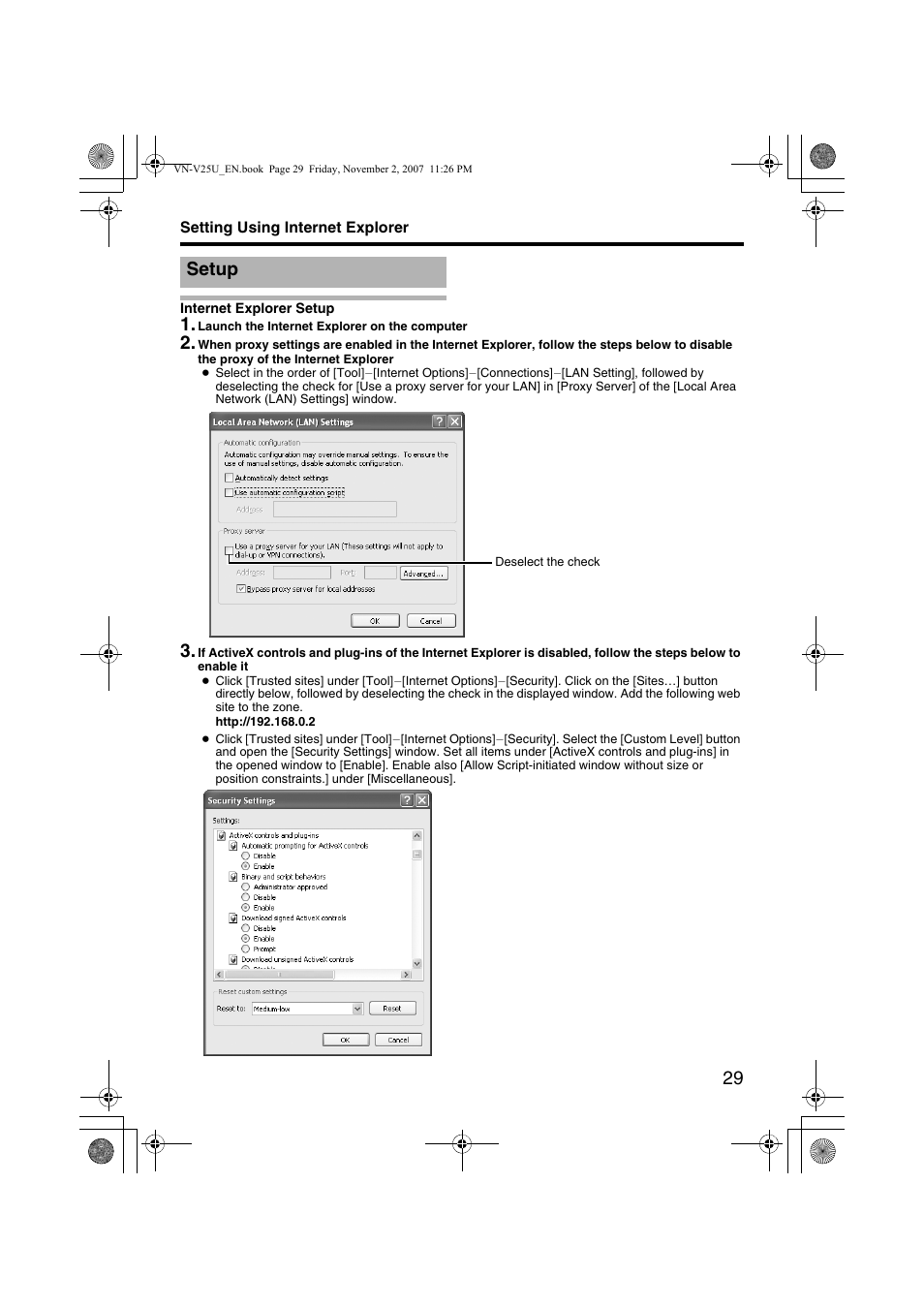 Setting using internet explorer, Setup, Internet explorer setup | Fer to, Asetting using internet explorerb | JVC VN-V25U User Manual | Page 29 / 92