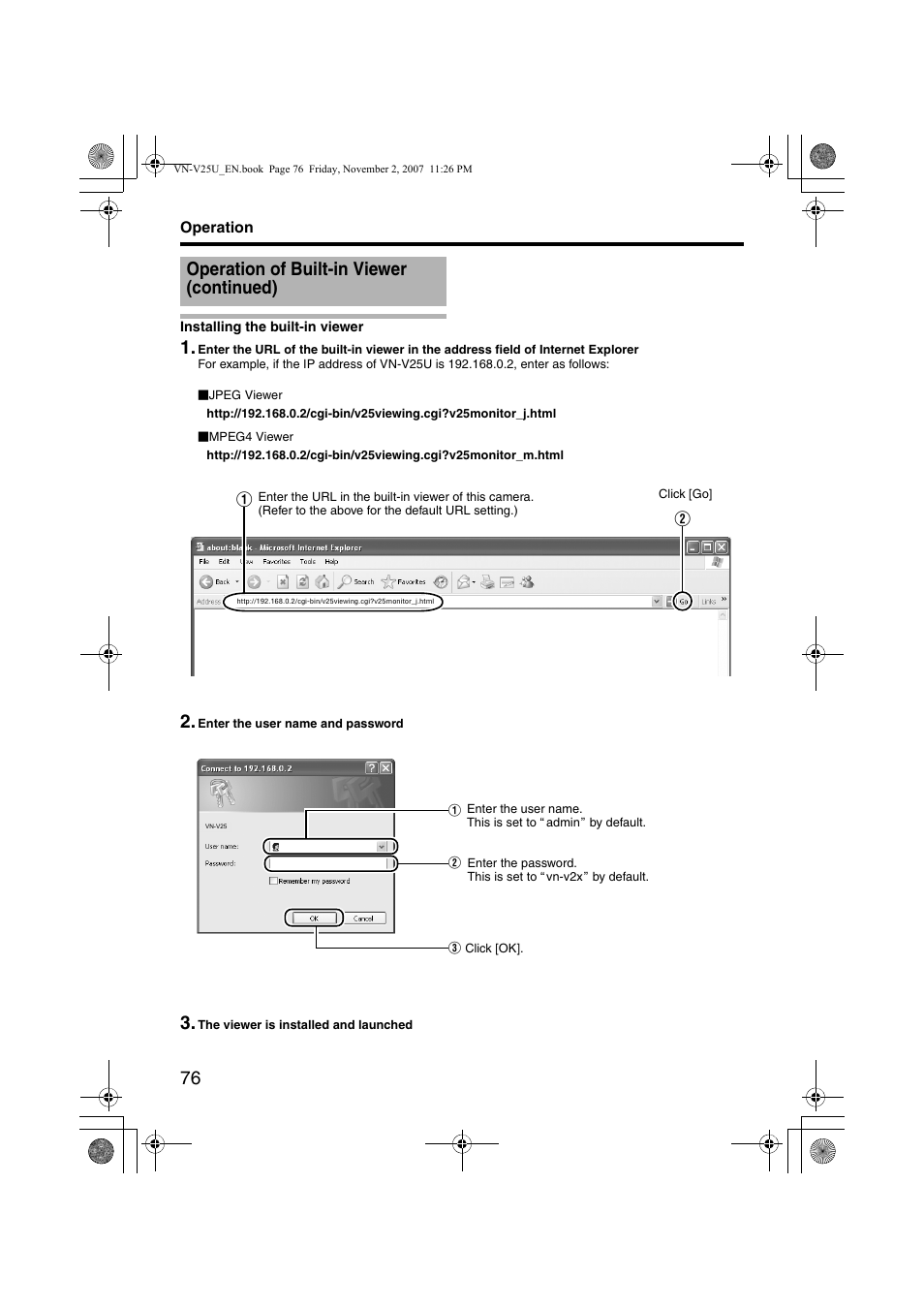 Installing the built-in viewer, Ainstalling the built-in viewerb, Operation of built-in viewer (continued) | JVC VN-V25U User Manual | Page 76 / 92