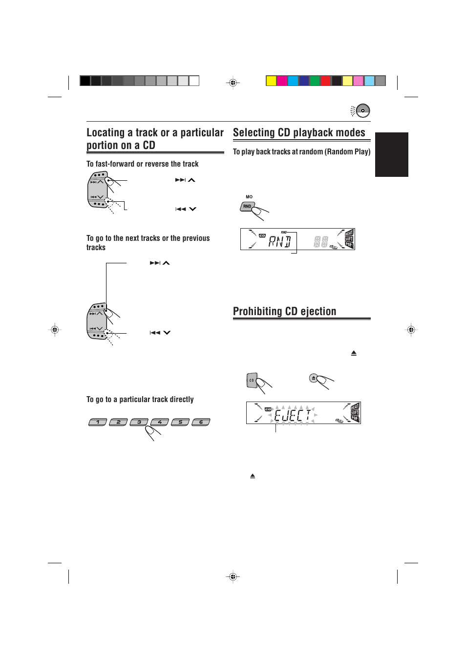 Locating a track or a particular portion on a cd, Selecting cd playback modes, Prohibiting cd ejection | English | JVC KD-S717 User Manual | Page 11 / 24