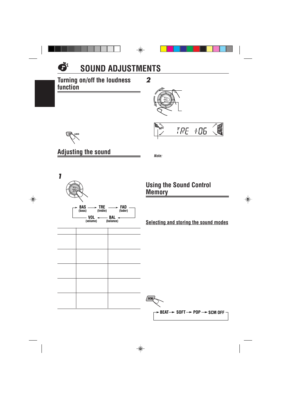 Sound adjustments, Turning on/off the loudness function, Adjusting the sound | Selecting and storing the sound modes | JVC KD-S717 User Manual | Page 12 / 24