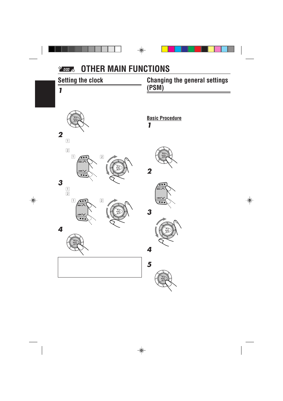 Other main functions, Changing the general settings (psm), Setting the clock 1 | JVC KD-S717 User Manual | Page 14 / 24