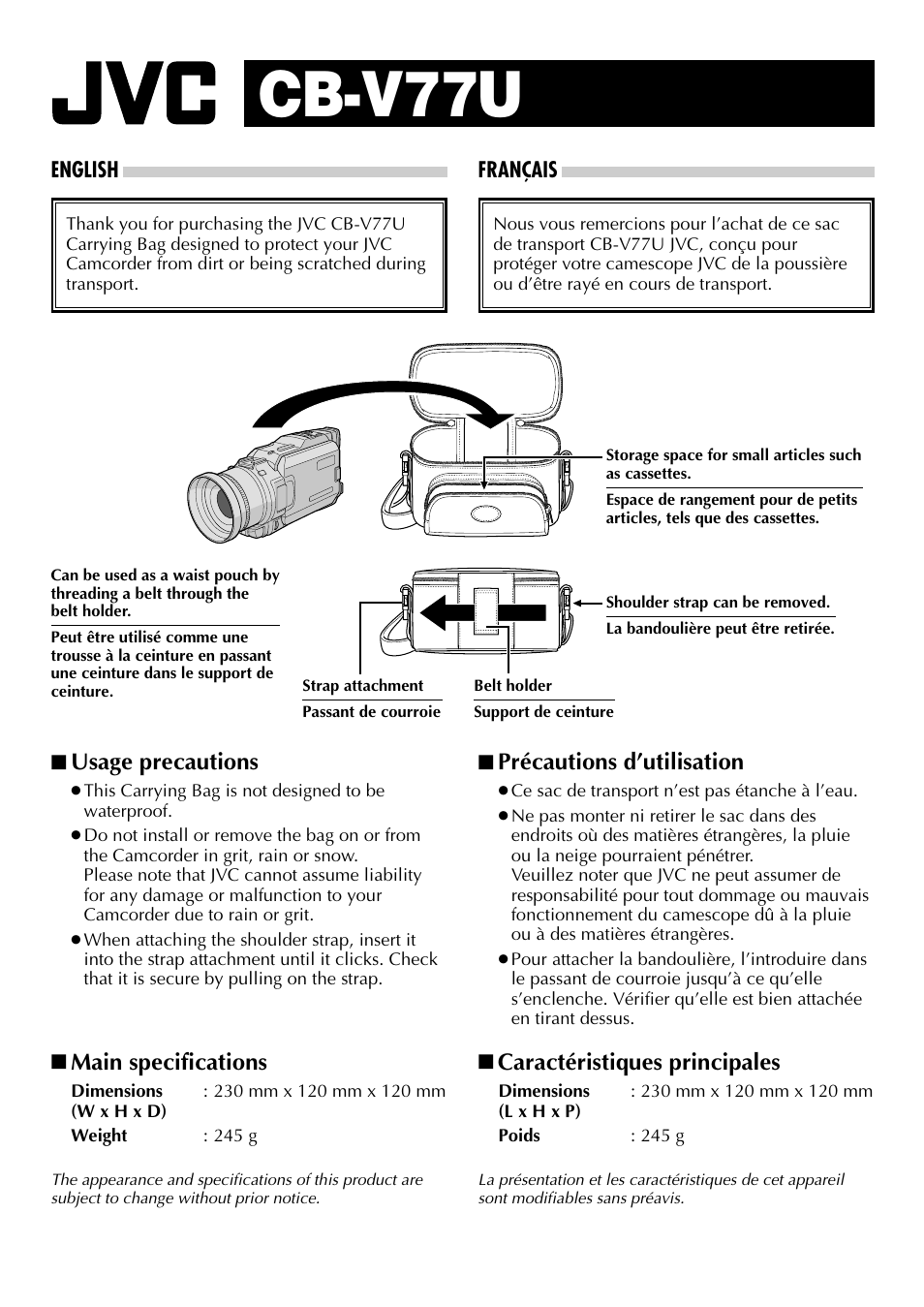 JVC CARRYING BAG CB-V77U User Manual | 2 pages