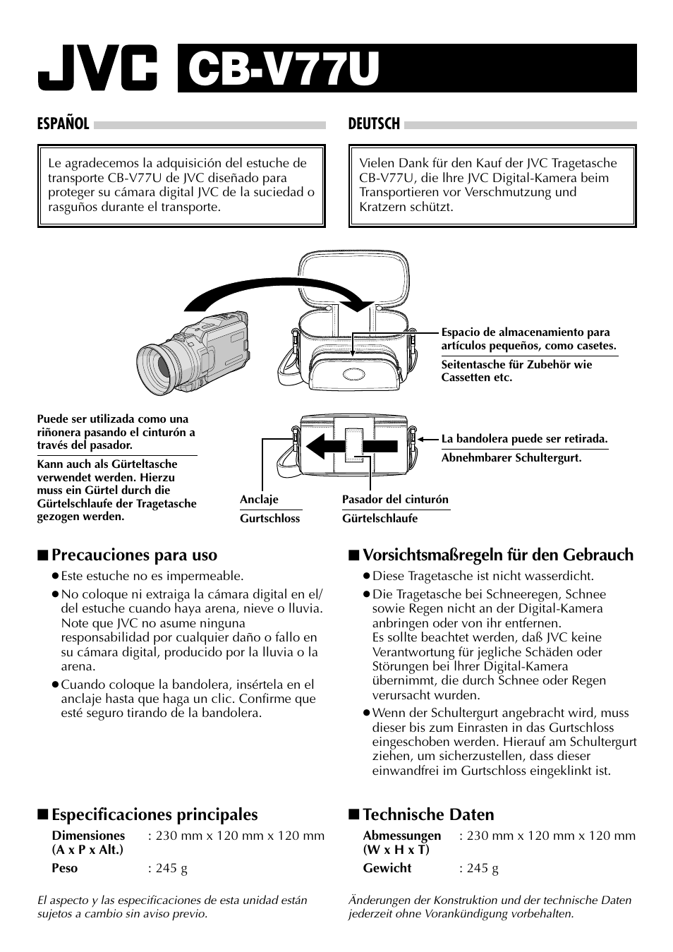Cb-v77u, Estuche de transporte tragetasche, Precauciones para uso | Especificaciones principales, Vorsichtsmaßregeln für den gebrauch, Technische daten | JVC CARRYING BAG CB-V77U User Manual | Page 2 / 2
