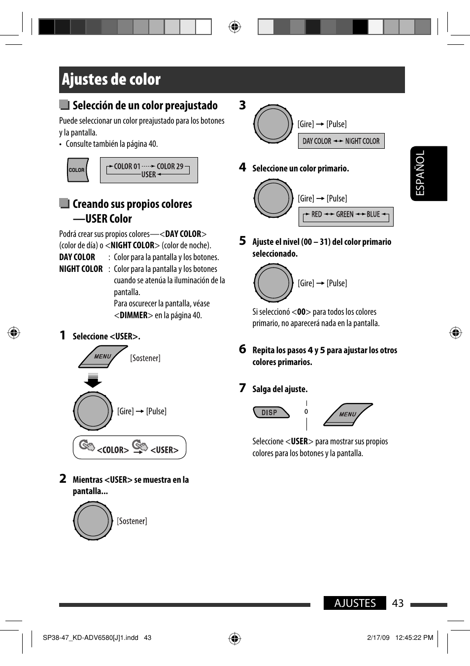 Ajustes de color, Selección de un color preajustado, Creando sus propios colores —user color | JVC KD-ADV6580 User Manual | Page 103 / 181