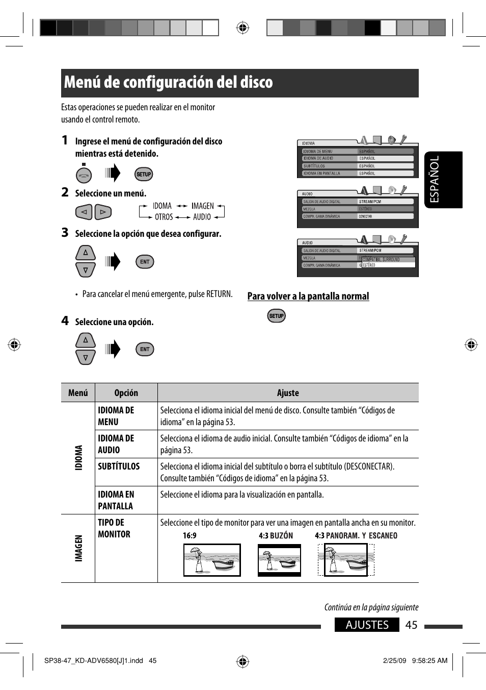 Menú de configuración del disco | JVC KD-ADV6580 User Manual | Page 105 / 181
