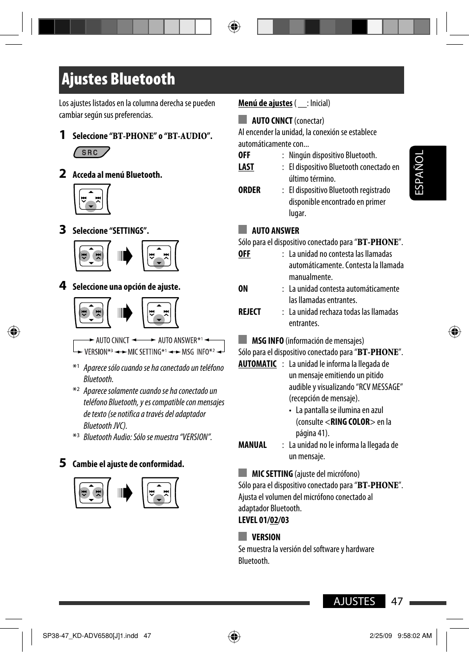 Ajustes bluetooth, 47 ajustes español | JVC KD-ADV6580 User Manual | Page 107 / 181