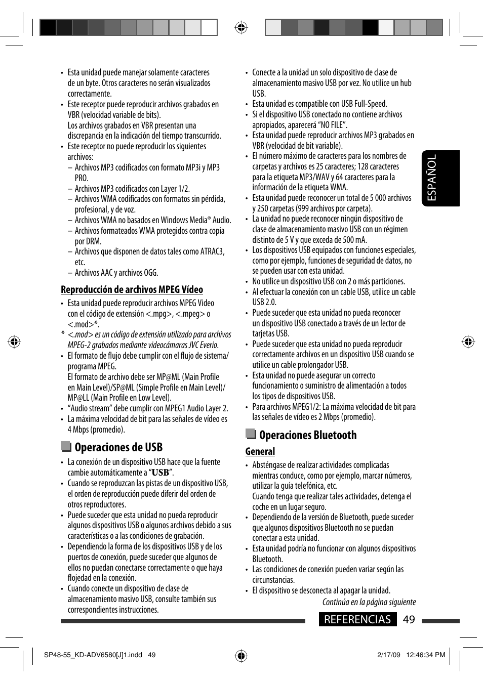 Operaciones de usb, Operaciones bluetooth, 49 referencias español | JVC KD-ADV6580 User Manual | Page 109 / 181