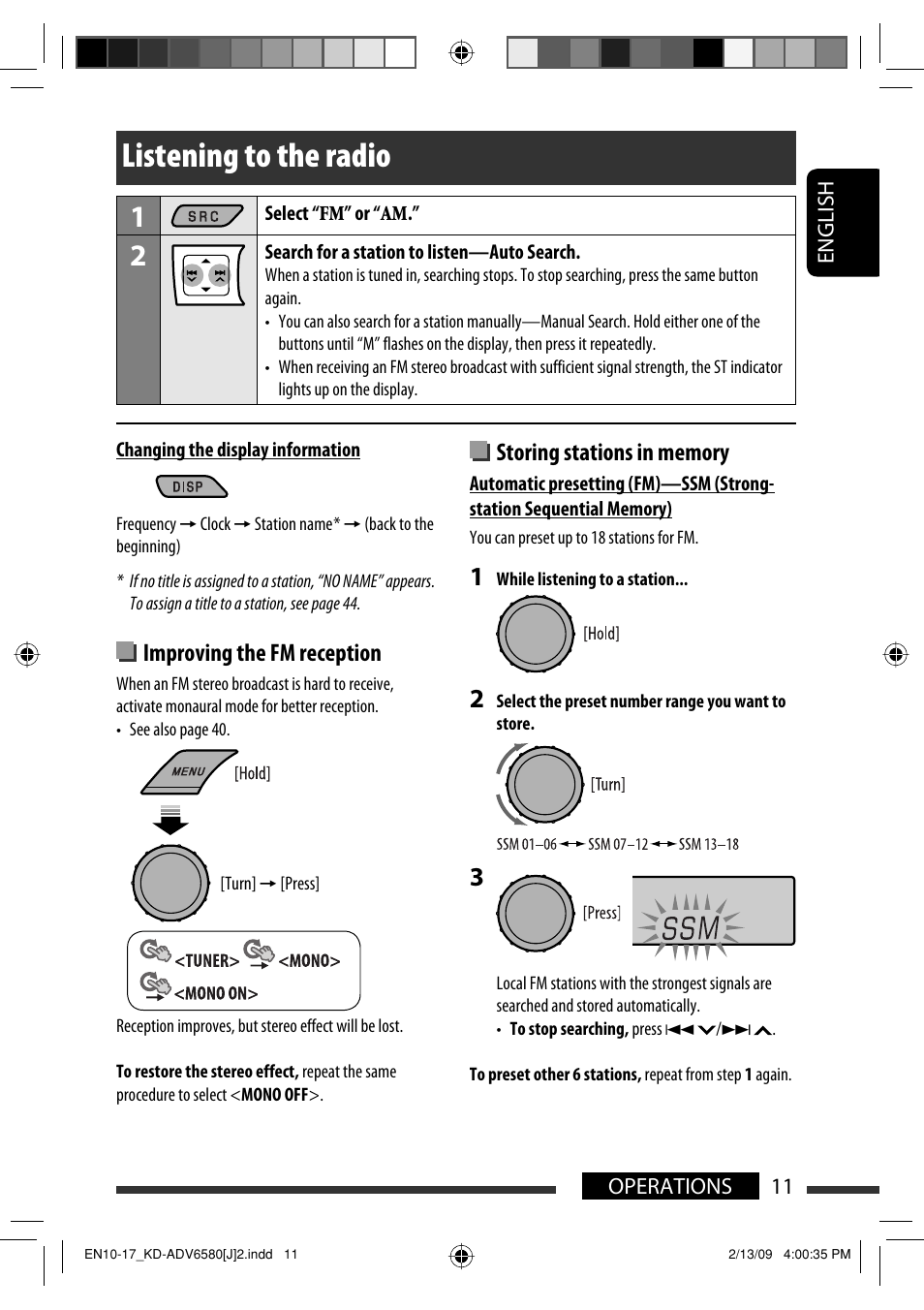 Listening to the radio, Improving the fm reception | JVC KD-ADV6580 User Manual | Page 11 / 181