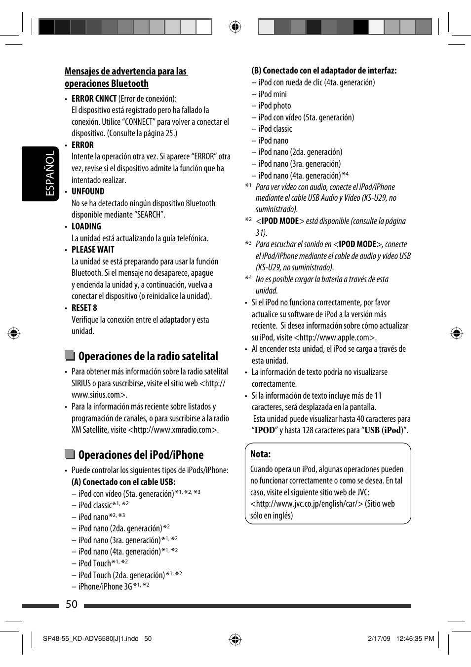 Operaciones de la radio satelital, Operaciones del ipod/iphone, 50 español | Nota | JVC KD-ADV6580 User Manual | Page 110 / 181