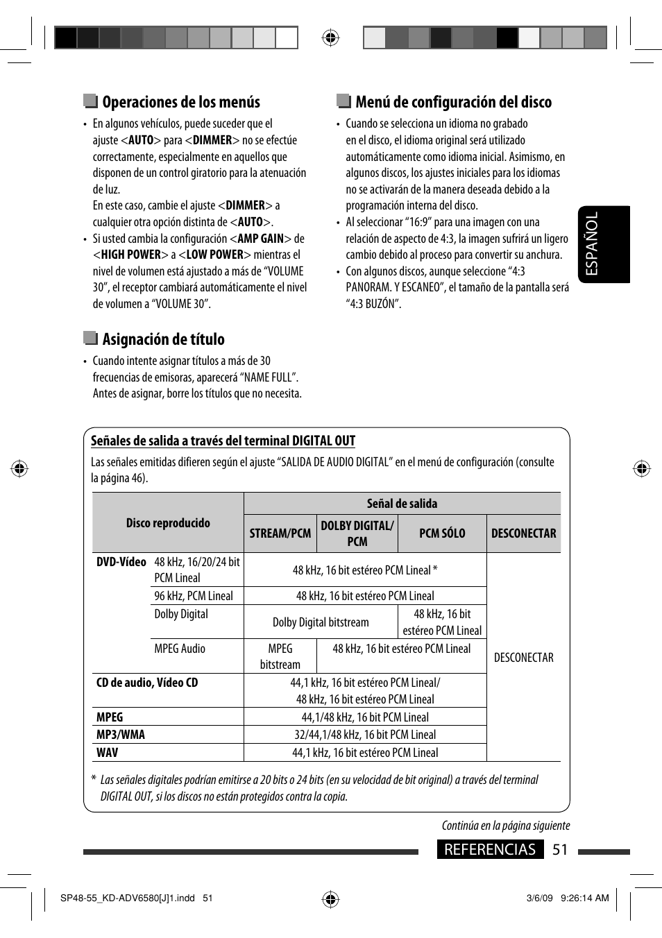 Operaciones de los menús, Asignación de título, Menú de configuración del disco | 51 referencias español | JVC KD-ADV6580 User Manual | Page 111 / 181