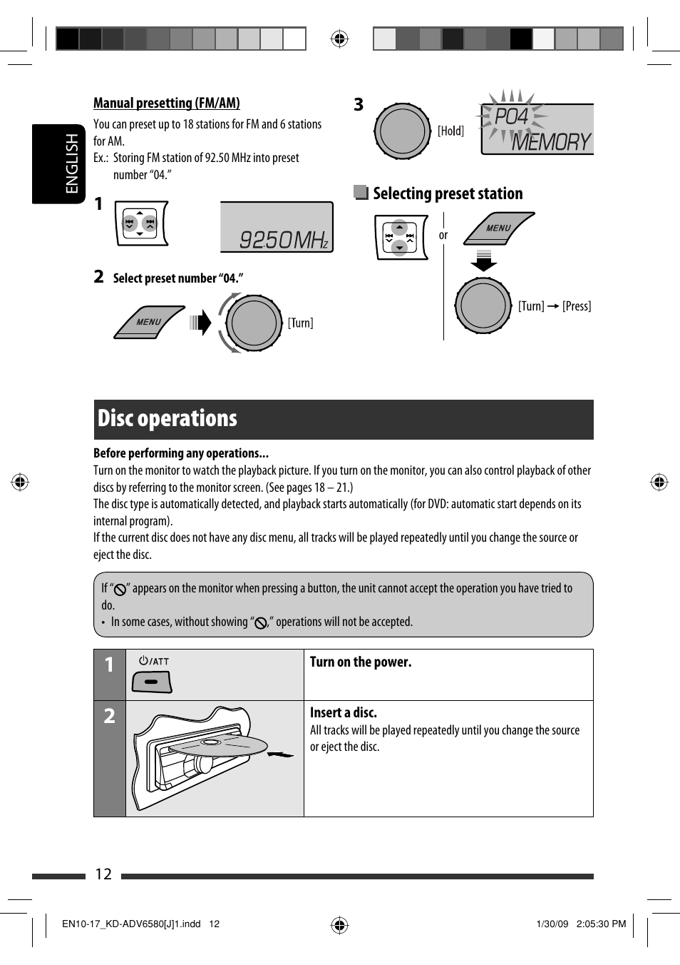 Disc operations, Selecting preset station | JVC KD-ADV6580 User Manual | Page 12 / 181