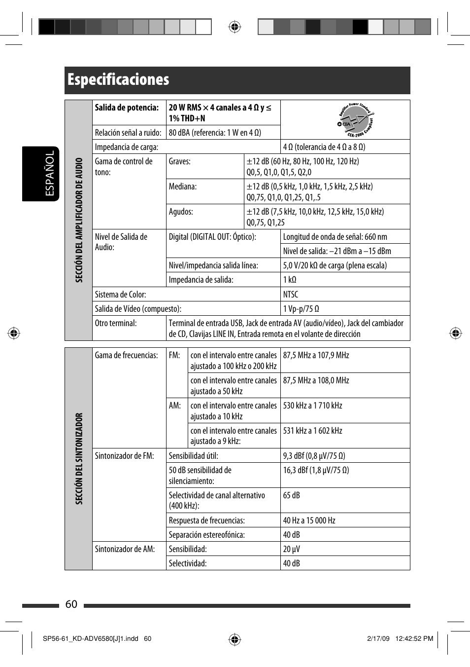Especificaciones, 60 español | JVC KD-ADV6580 User Manual | Page 120 / 181