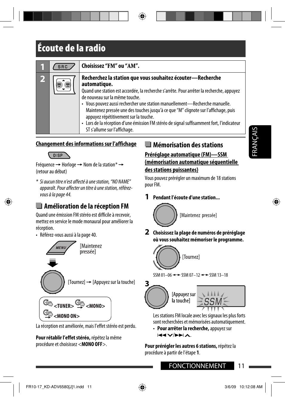 Écoute de la radio, Amélioration de la réception fm, Mémorisation des stations | JVC KD-ADV6580 User Manual | Page 131 / 181