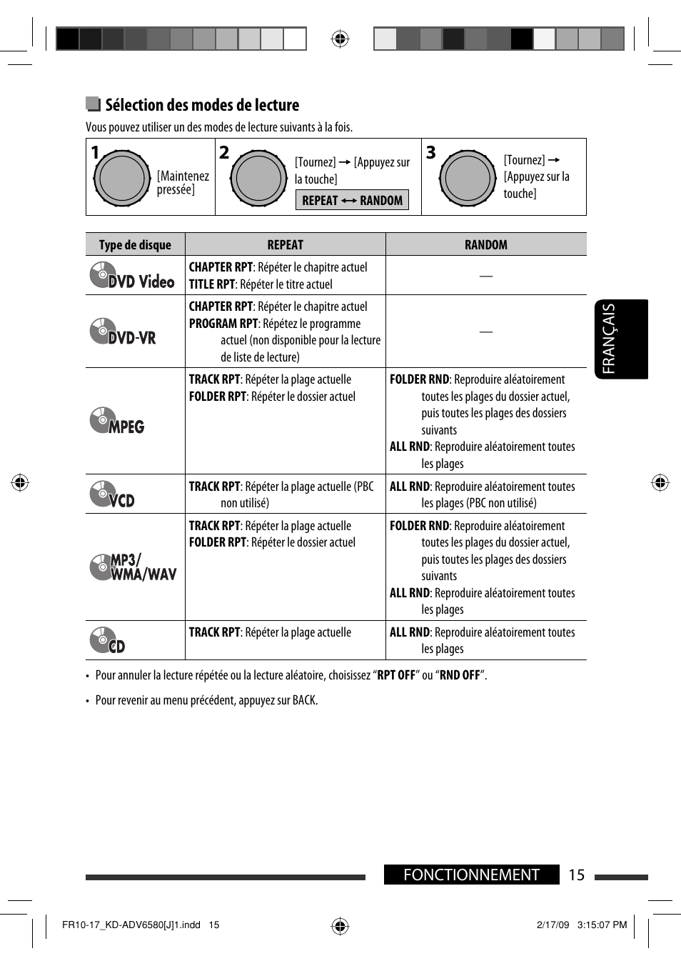 Sélection des modes de lecture, 15 fonctionnement français | JVC KD-ADV6580 User Manual | Page 135 / 181