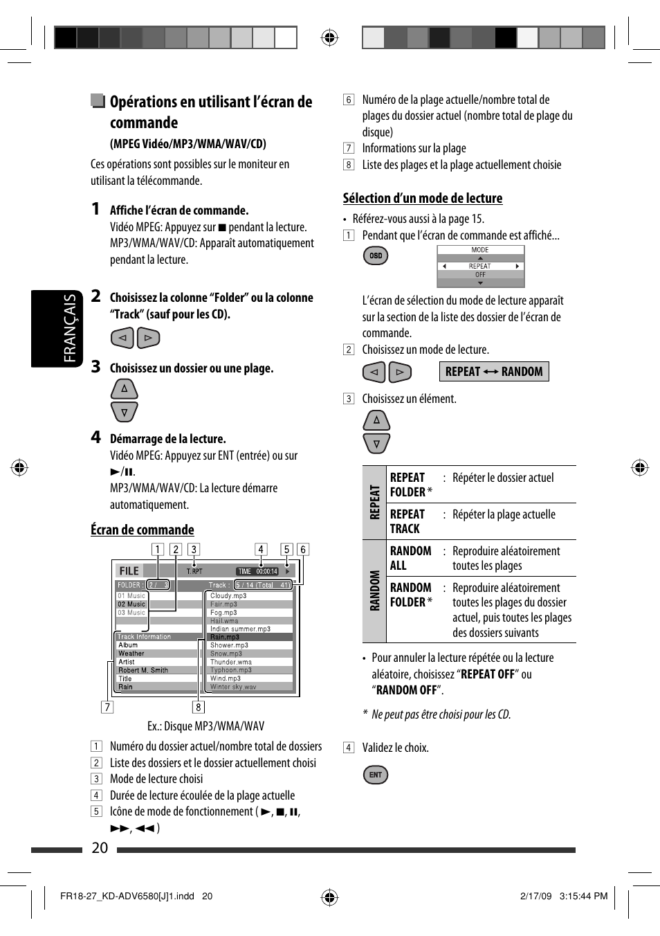 Opérations en utilisant l’écran de commande, 20 français | JVC KD-ADV6580 User Manual | Page 140 / 181