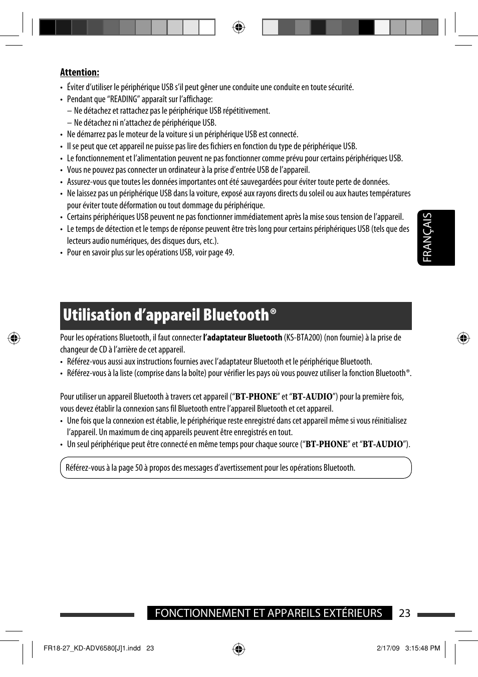 Utilisation d’appareil bluetooth, 23 fonctionnement et appareils extérieurs français | JVC KD-ADV6580 User Manual | Page 143 / 181