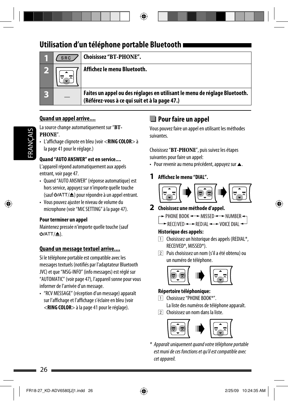 Utilisation d’un téléphone portable bluetooth, Pour faire un appel | JVC KD-ADV6580 User Manual | Page 146 / 181