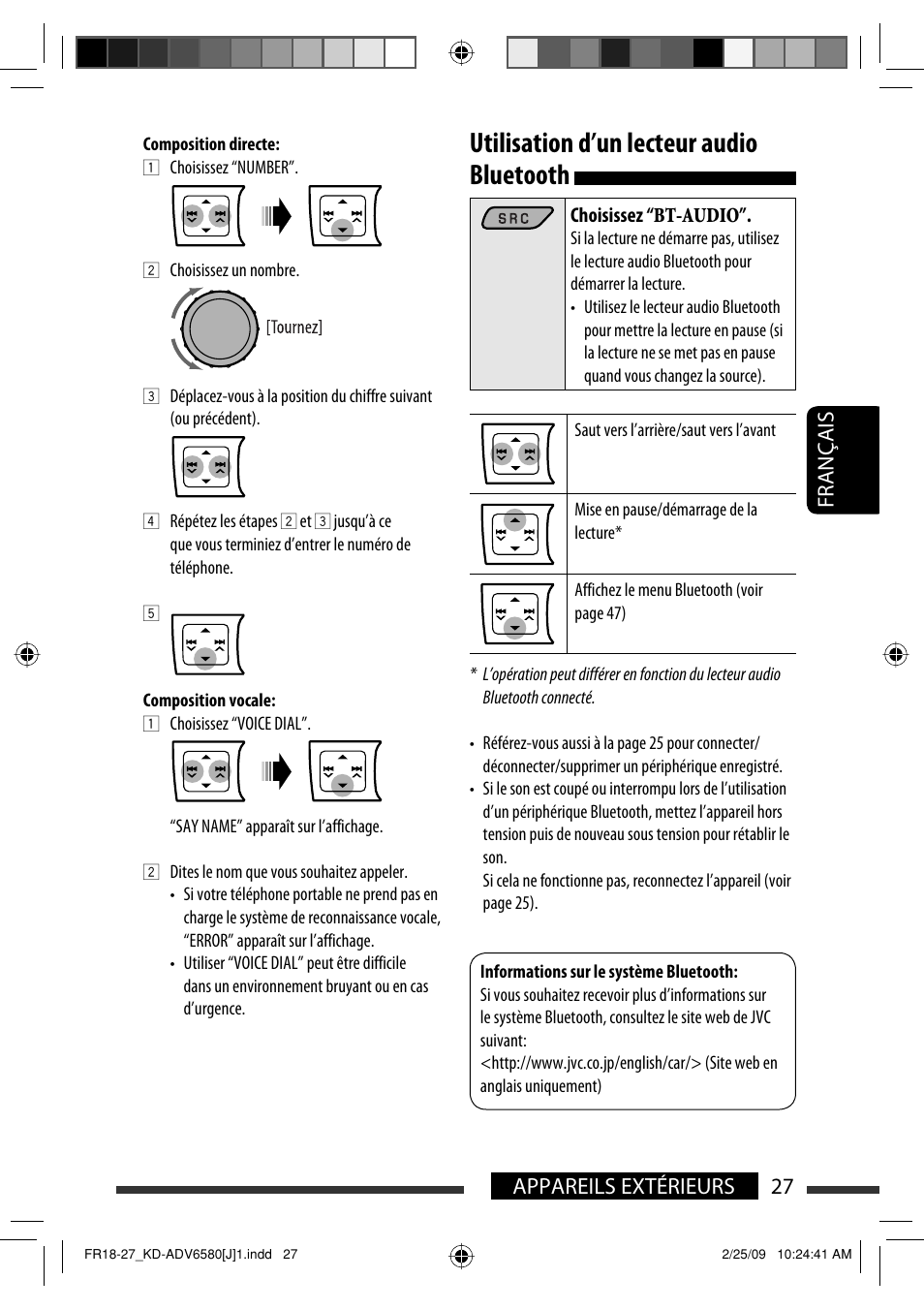 Utilisation d’un lecteur audio bluetooth, 27 appareils extérieurs français | JVC KD-ADV6580 User Manual | Page 147 / 181