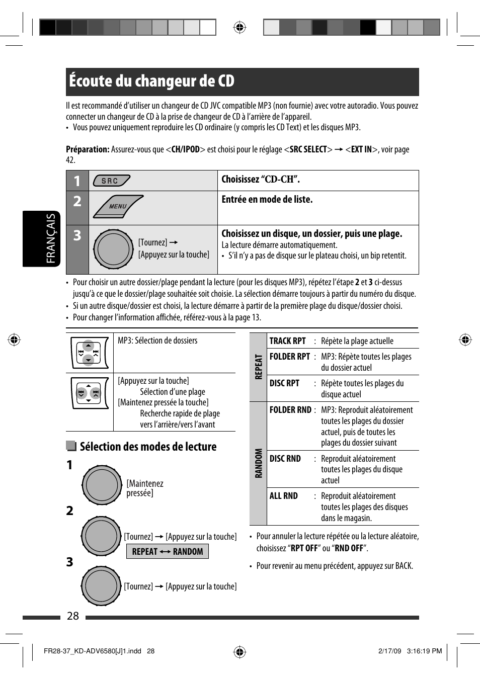 Écoute du changeur de cd, Sélection des modes de lecture | JVC KD-ADV6580 User Manual | Page 148 / 181