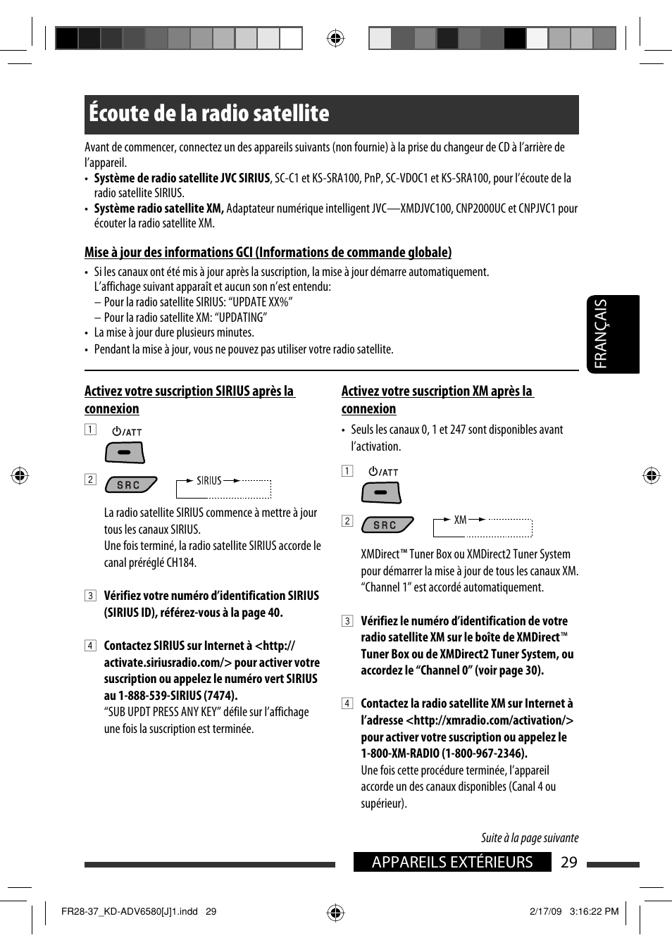 Écoute de la radio satellite, 29 appareils extérieurs français | JVC KD-ADV6580 User Manual | Page 149 / 181