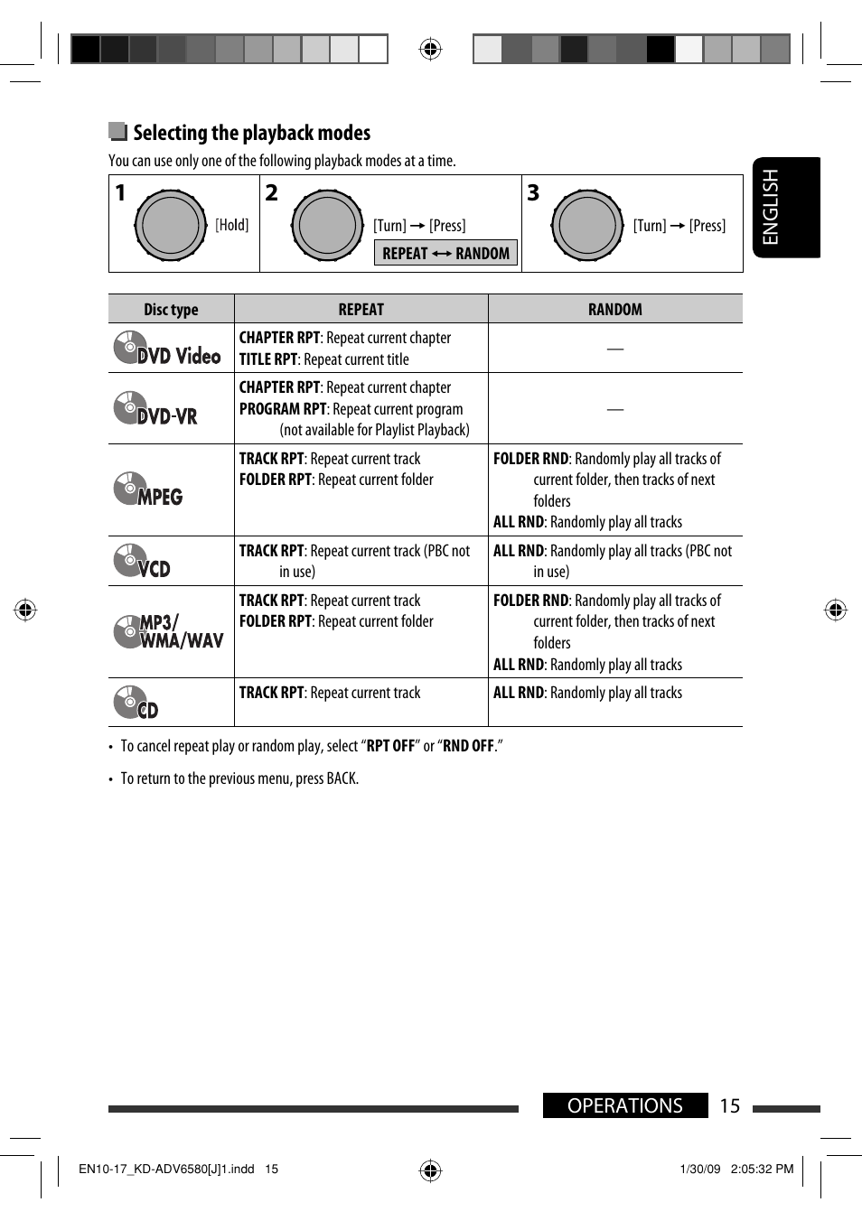 Selecting the playback modes, 15 operations english | JVC KD-ADV6580 User Manual | Page 15 / 181