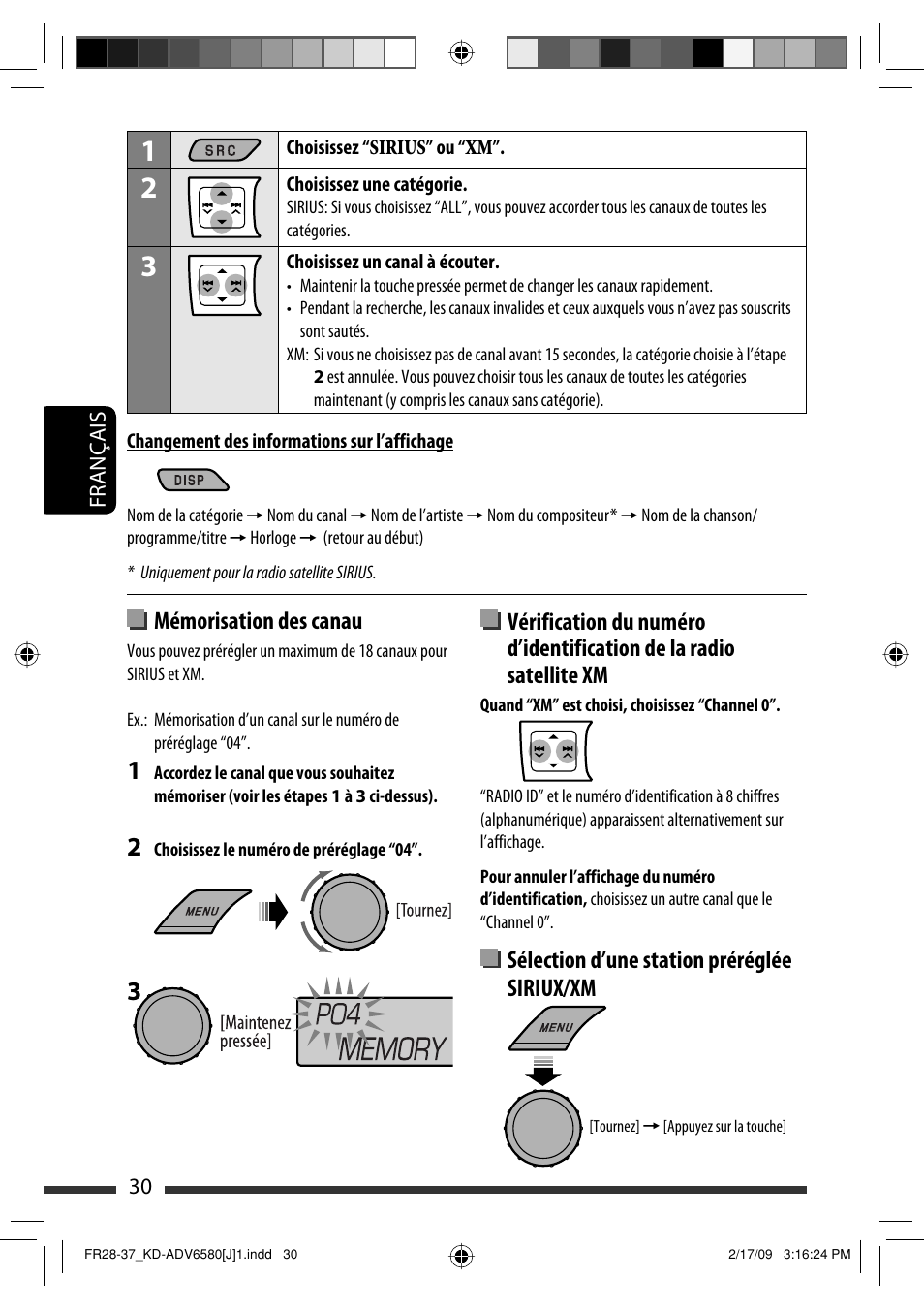 Mémorisation des canau, Sélection d’une station préréglée siriux/xm | JVC KD-ADV6580 User Manual | Page 150 / 181