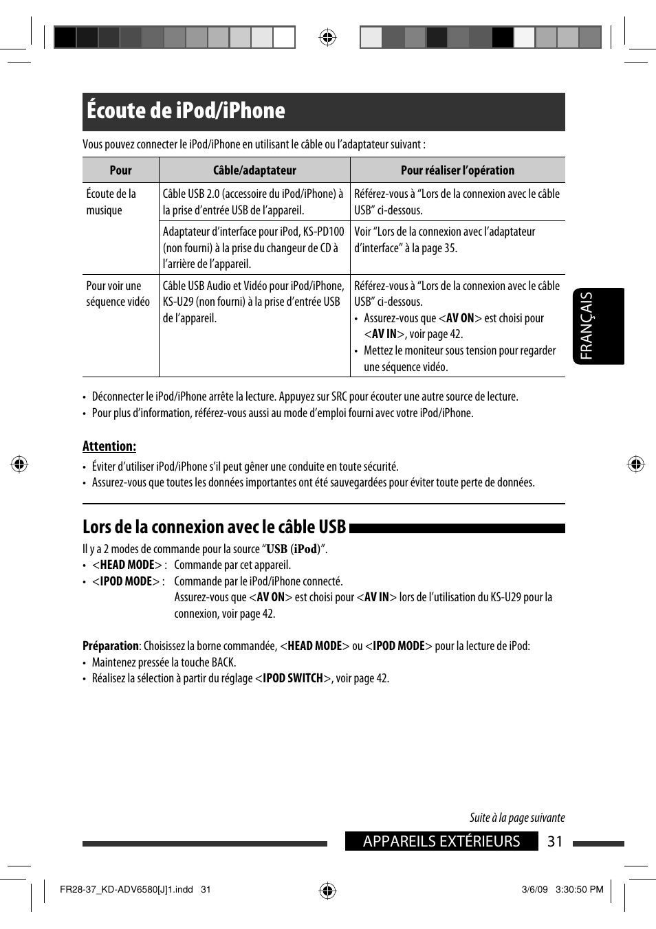 Écoute de ipod/iphone, Lors de la connexion avec le câble usb, 31 appareils extérieurs français | JVC KD-ADV6580 User Manual | Page 151 / 181