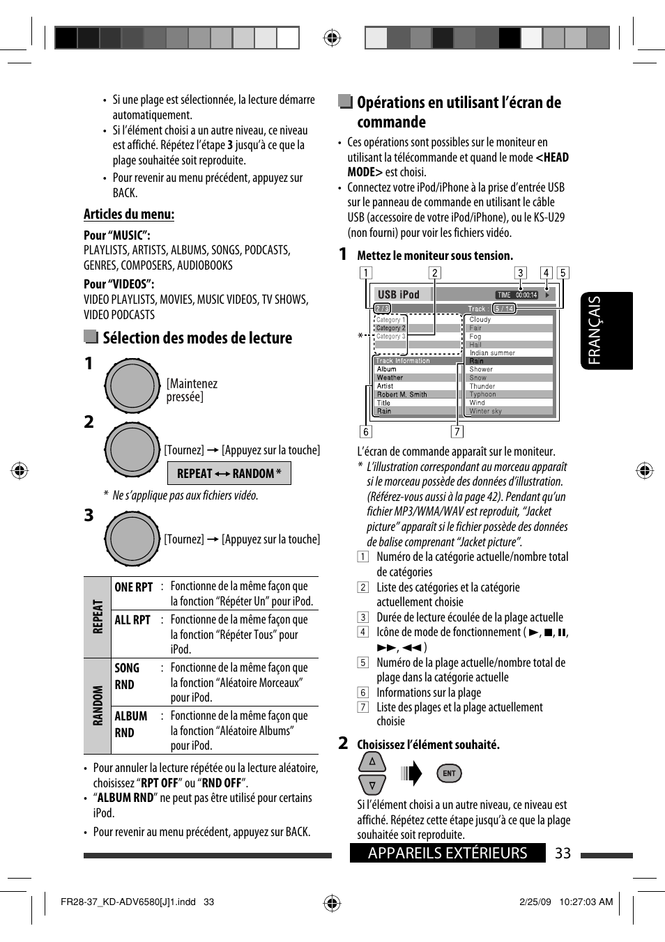 Sélection des modes de lecture, Opérations en utilisant l’écran de commande, 33 appareils extérieurs français | JVC KD-ADV6580 User Manual | Page 153 / 181
