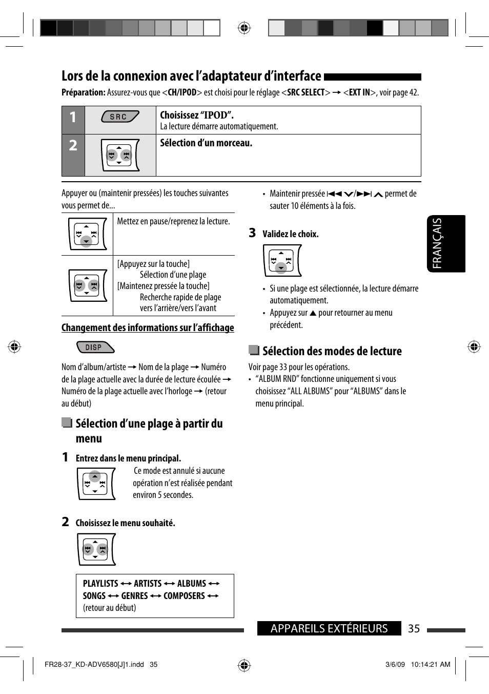 Lors de la connexion avec l’adaptateur d’interface, Sélection d’une plage à partir du menu, Sélection des modes de lecture | 35 appareils extérieurs français | JVC KD-ADV6580 User Manual | Page 155 / 181